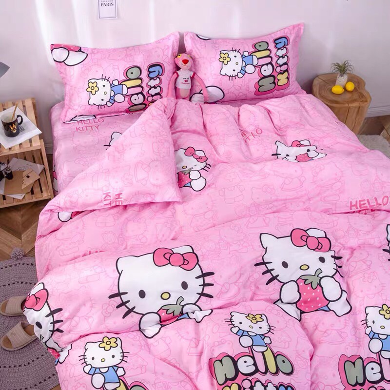 Trọn Bộ 4 Món Chăn Ga Gối Cotton Poly Nhập Mẫu HELLO KITTY