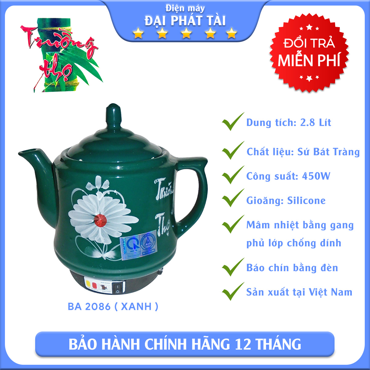 CHỈ GIAO HỎA TỐC TP.HCM Siêu sắc thuốc tự động Trường Thọ BA2086 (Xanh).