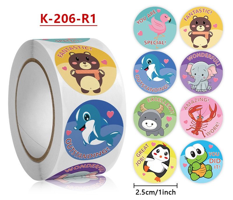 Cuộn 500 tem Sticker Khen thưởng hình thú cho bé - 2.5cm