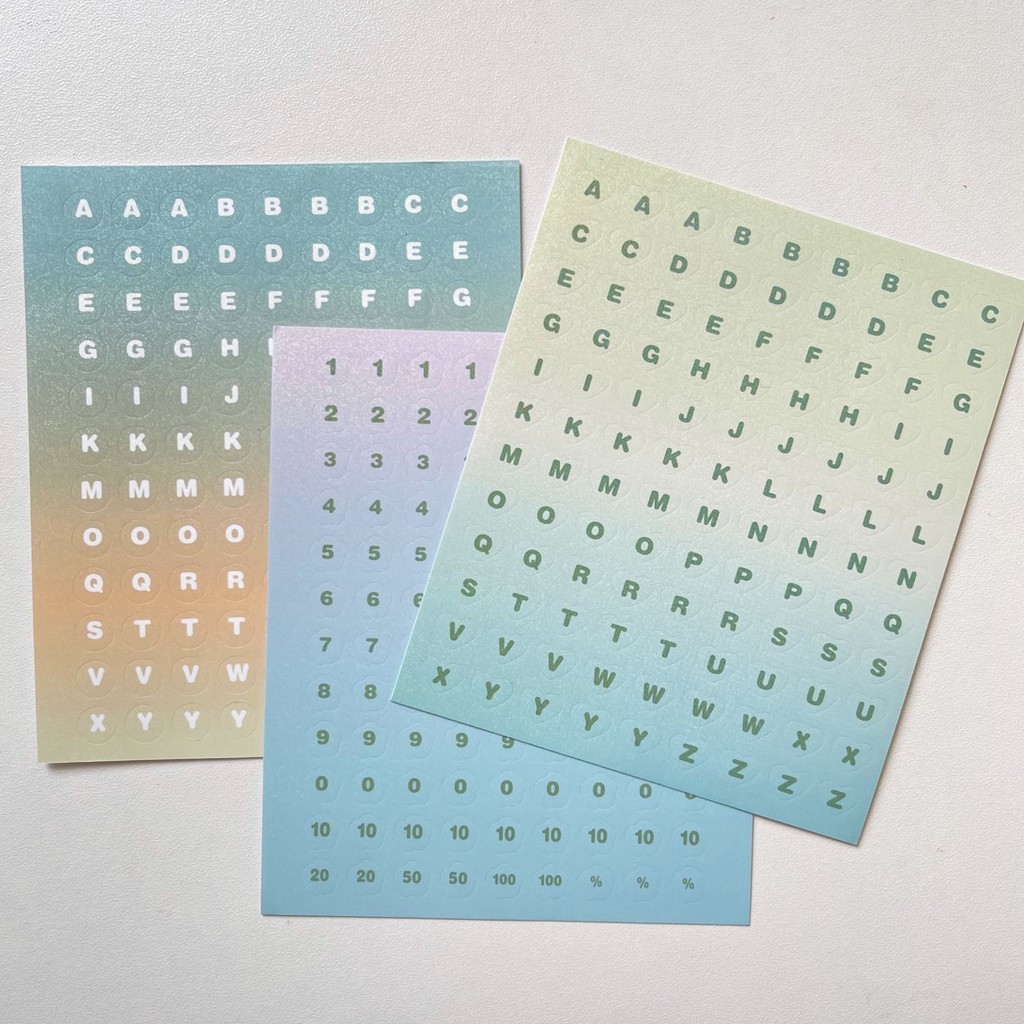 Set 3 tờ sticker alphabet và số ombre trái tim