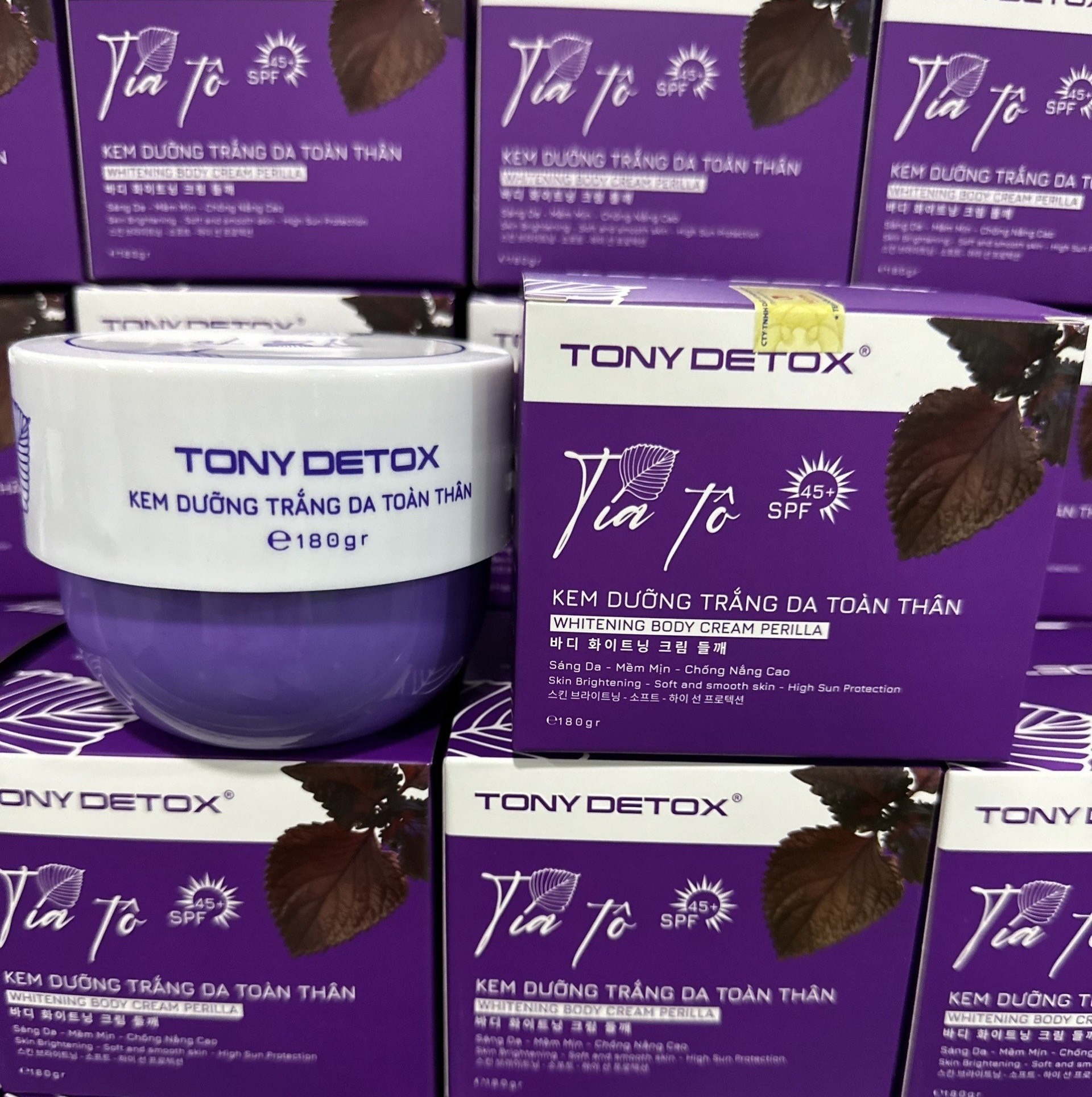 Kem dưỡng trắng da toàn thân chống nắng ban ngày tía tô tony detox spf45+ 180g