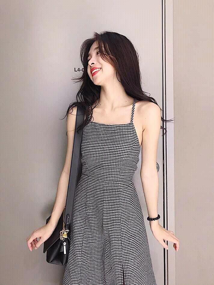 Đầm kate caro 2 dây hở lưng-MTB