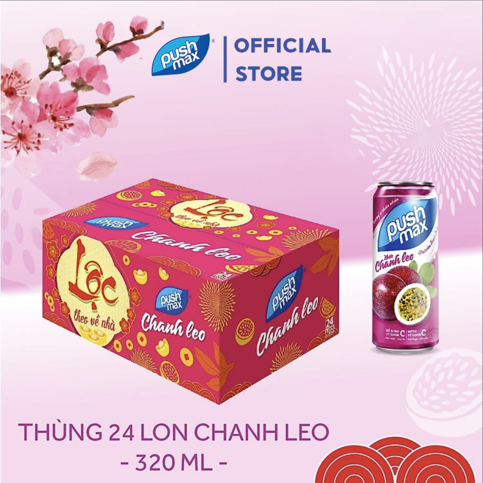 Thùng 24 Lon Nước Trái Cây Pushmax Chanh Leo (320ml x 24 Lon)