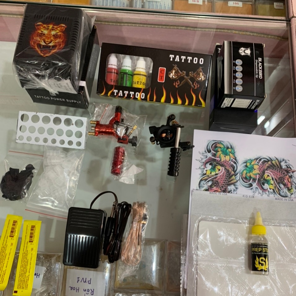 Combo bộ kit 2 máy xăm Trung cấp + Set 7 màu mực Tattoo ink