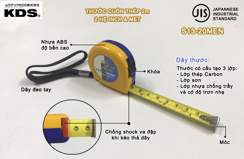 Thước cuộn 2m Nhật Bản KDS hệ Inch + Met