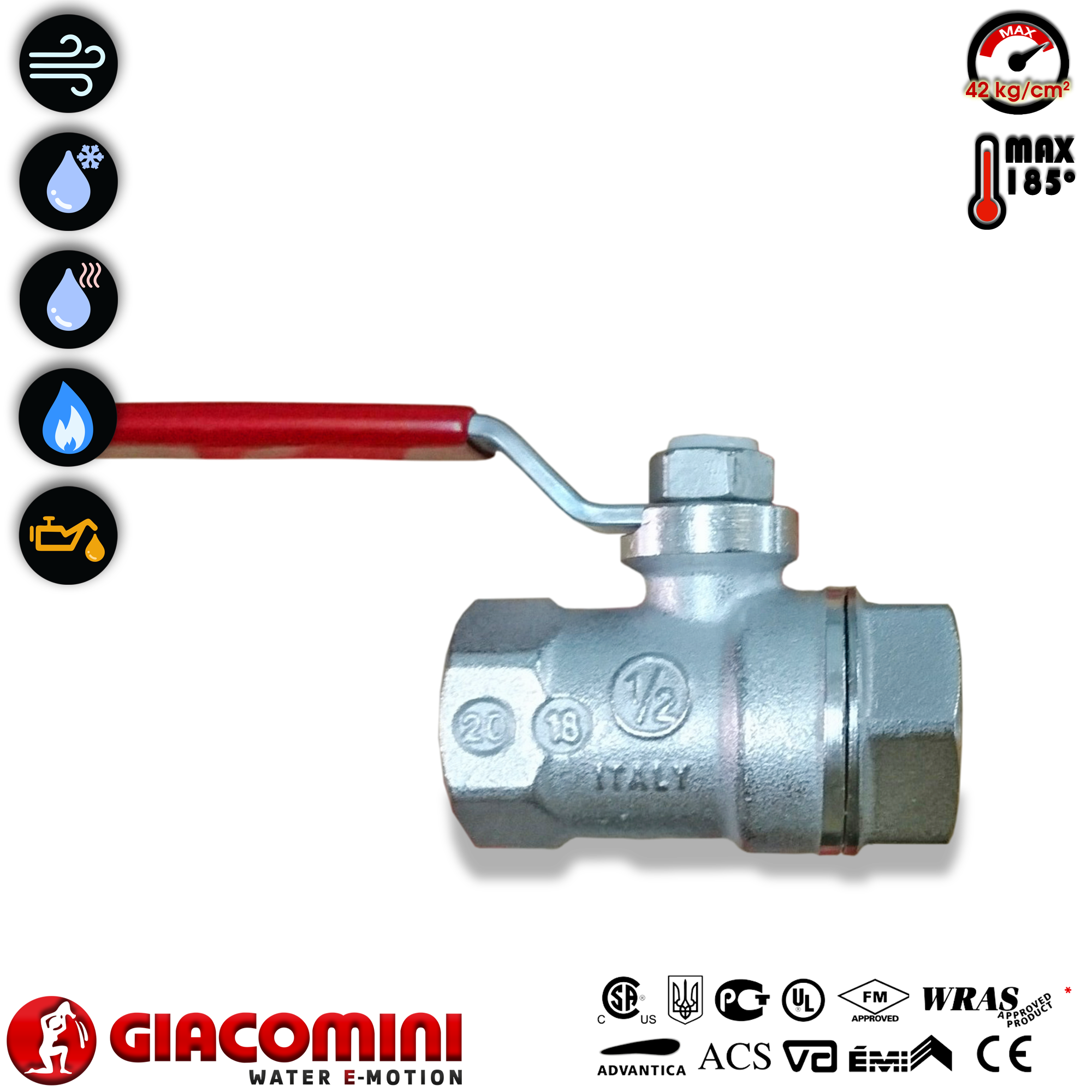 Van bi đồng mạ crôm R250D Giacomini - Ø21 (van nước/van khí/van gas/van dầu)