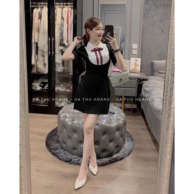 ⚡️Bán Sỉ⚡️Đầm Xoè Đen Phối Cổ Yếm Đính Nơ Đỏ