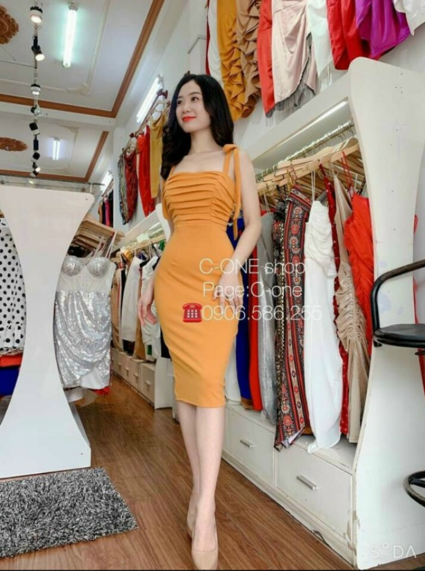 Đầm body 2 dây xếp ly ngực-QH#damnu