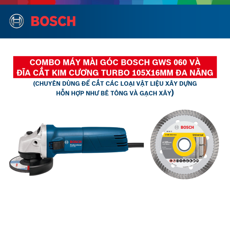 Combo Máy mài góc Bosch GWS 060 và Đĩa cắt kim cương Turbo 105x16mm đa năng