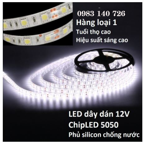 LED dây 12V, 5050, cuộn 5m, phủ silicon chống nước IP65, 1 mặt dán