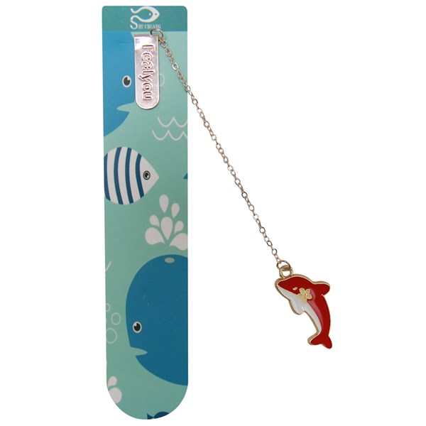 Bookmark kẹp sách kim loại phối charm hình cá heo đỏ