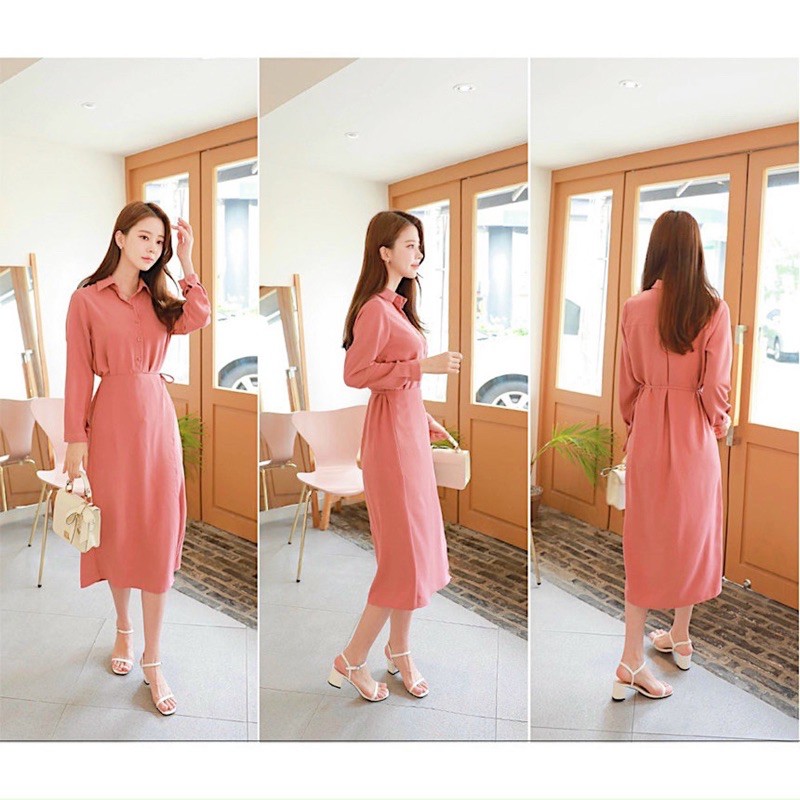 Đầm hồng ruốc đắp tà form dài