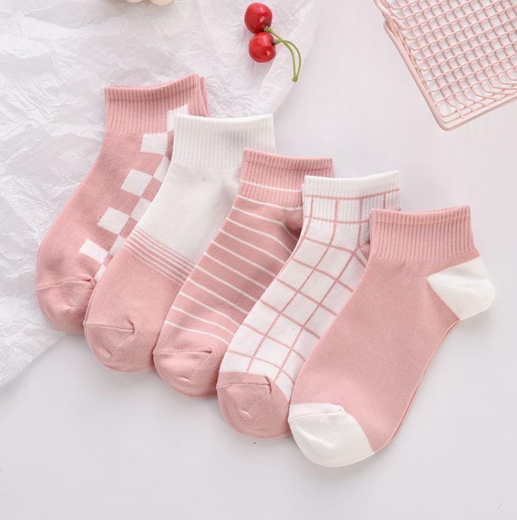 Set 10 đôi tất vớ nữ ngắn cổ kẻ hồng ss2