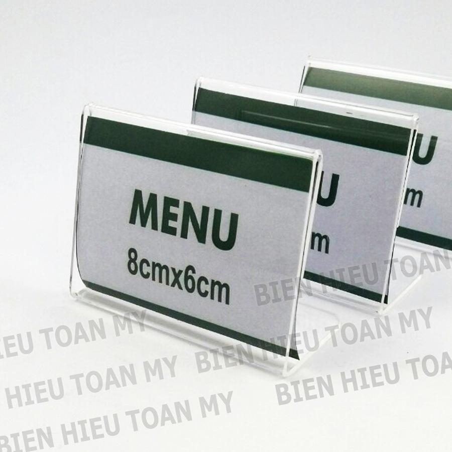 Menu mica chữ L size 8cm x 6cm