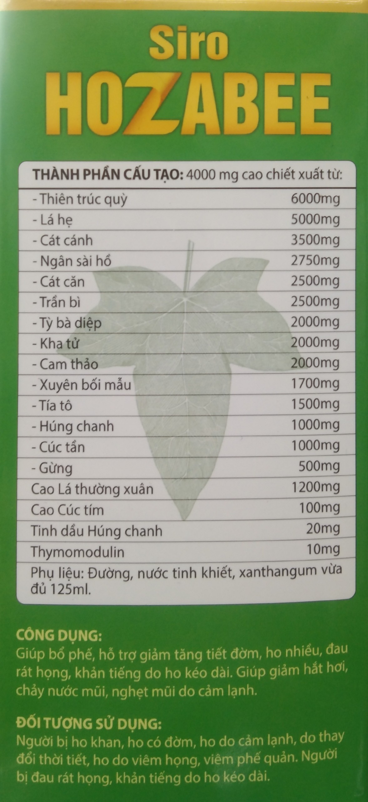 HOZABEE  ( CAO LÁ THƯỜNG XUÂN NHẬP KHẨU TỪ PHÁP), Giúp bổ phế, giảm tăng tiết đờm, ho nhiều, đau rát họng, khản tiếng do ho kéo dài, giảm hắt hơi, chảy nước mũi, nghẹt mũi do cảm lạnh.
