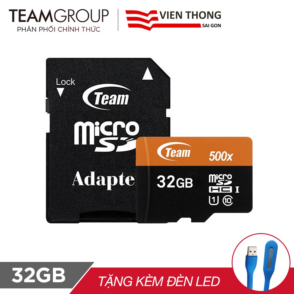 Thẻ nhớ microsdhc team 32gb 500x upto 80mb-s class 10 u1 kèm adapter +đèn led usb