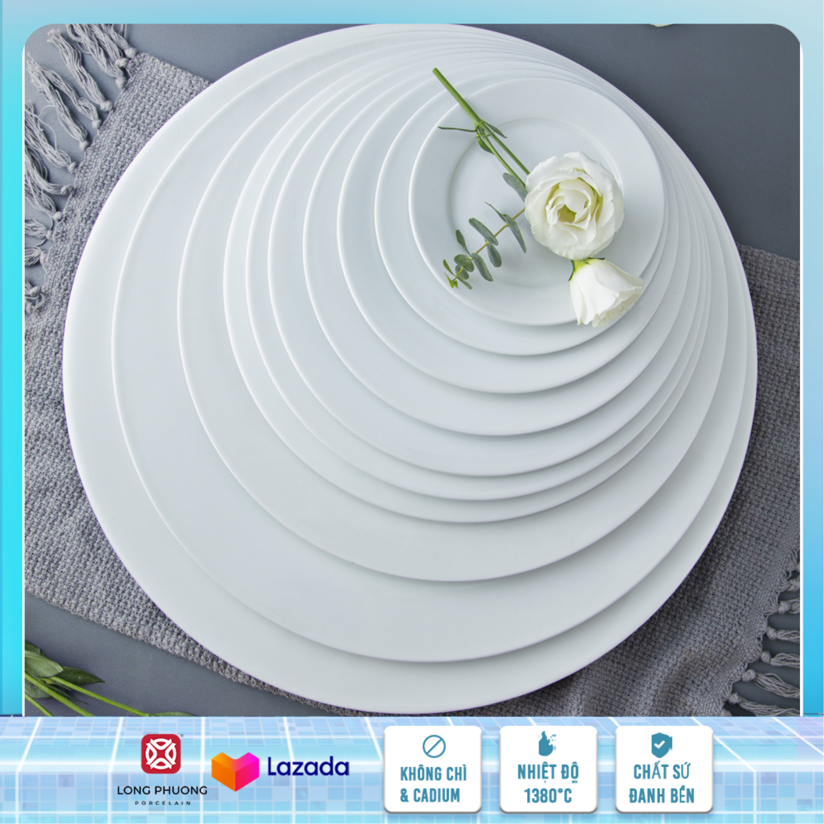 Đĩa bằng - chén đĩa đẹp, đĩa sứ, đĩa sứ trắng, đĩa phẳng hình tròn sứ trắng Long Phương
