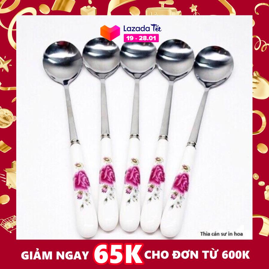 Compo 5 thìa inox cán sứ 20cm