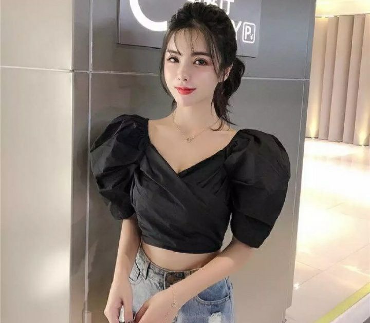 Áo kiểu nữ croptop tay phồng form 45 kg trở lại