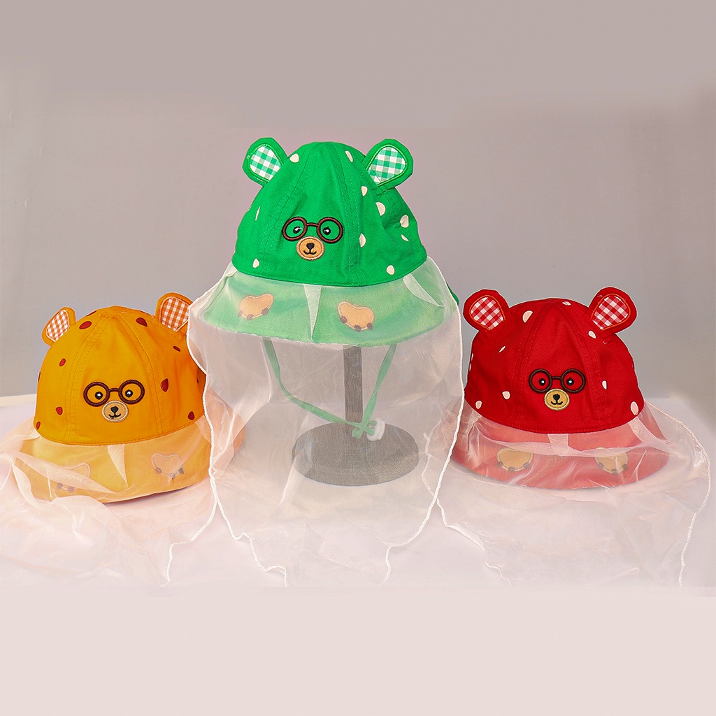 Mũ Kèm Khăn Voan mắt kính Chống Bụi Cản Gió Nón Có Lưới Che Cho Bé Có Dây