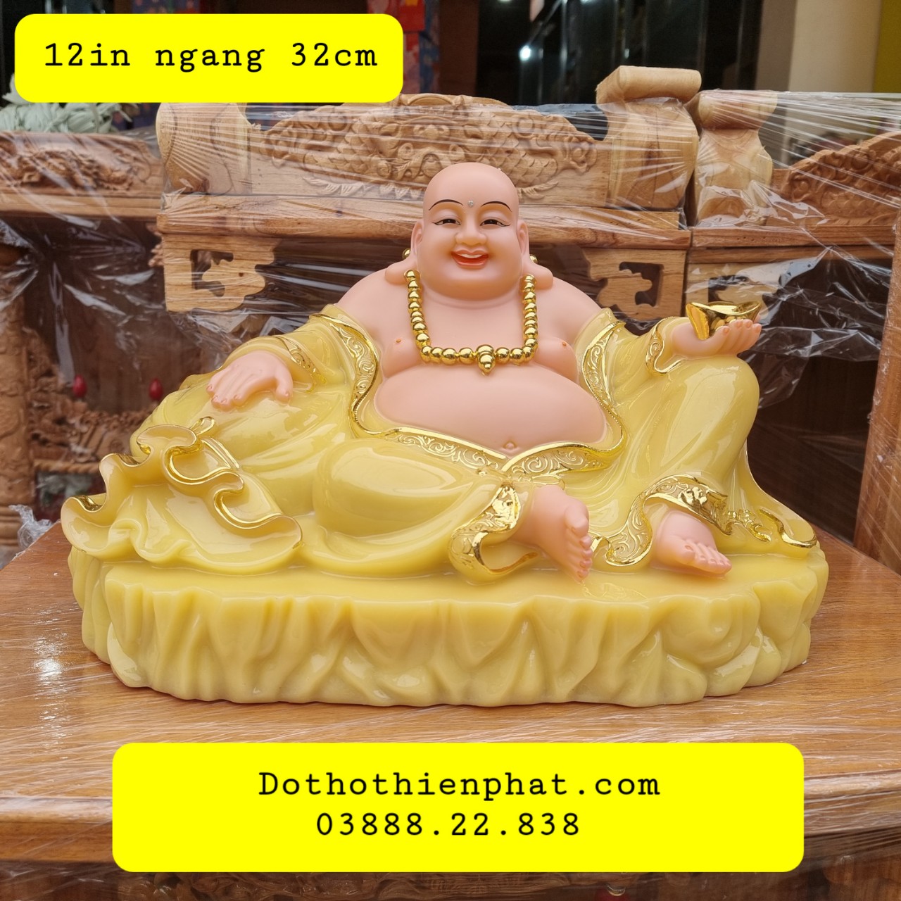 Tượng phật di lặc đá 12in ngang 32cm màu vàng rất đẹp