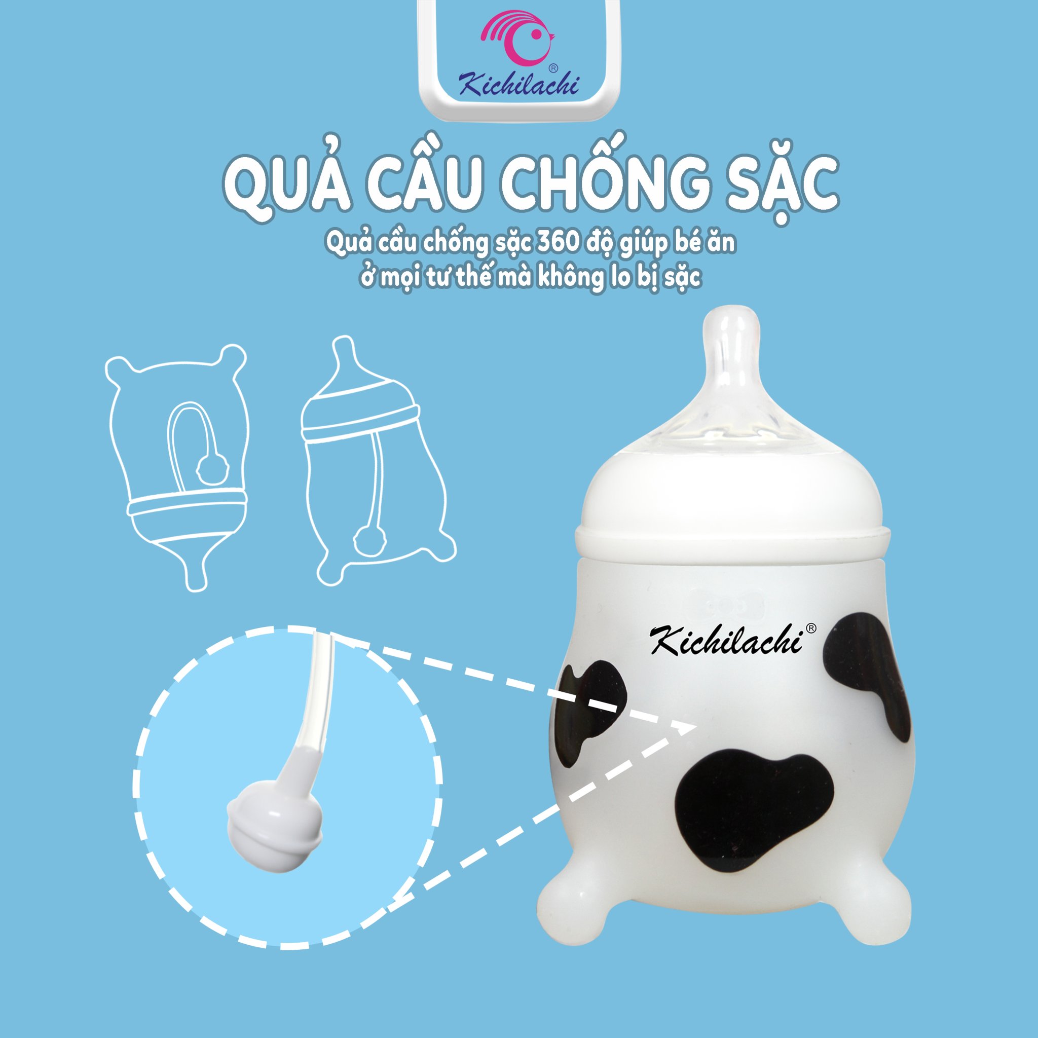 BÌNH SỮA HÌNH BÒ KICHILACHI 180ML NÚM TI SILICON SIÊU MỀM CHO BÉ