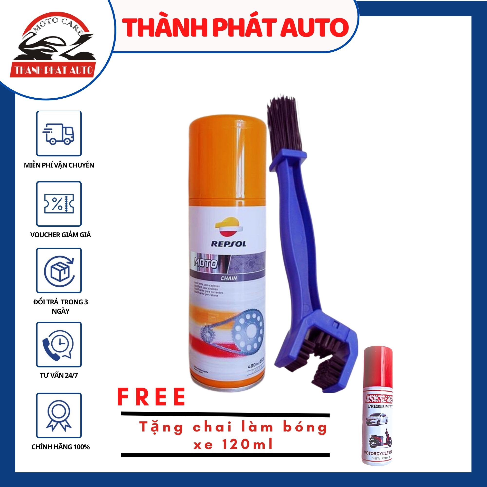 [HCM]Chai xịt bôi trơn Repsol Moto Chain Lube 400ml và bàn chải 3D chuên nghiệp tặng chai làm bóng sơn WAX120ml
