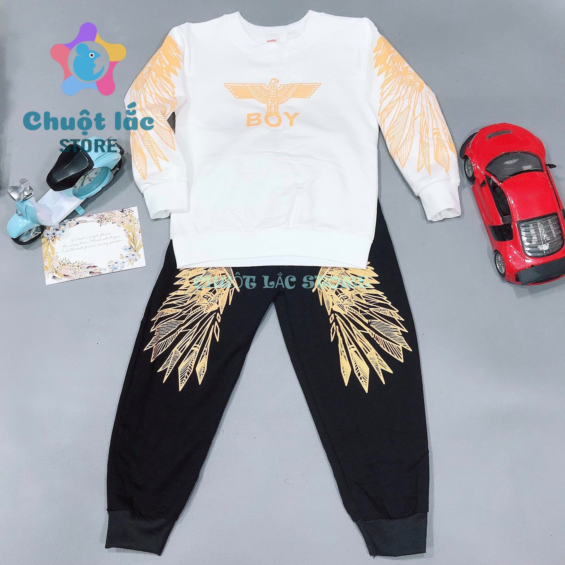 [HCM]Bộ quần áo bé trai dài tay hình đại bàng Boy thun cotton 4 chiều dày dặn cho bé từ 3 tuổi đến 8 tuổi