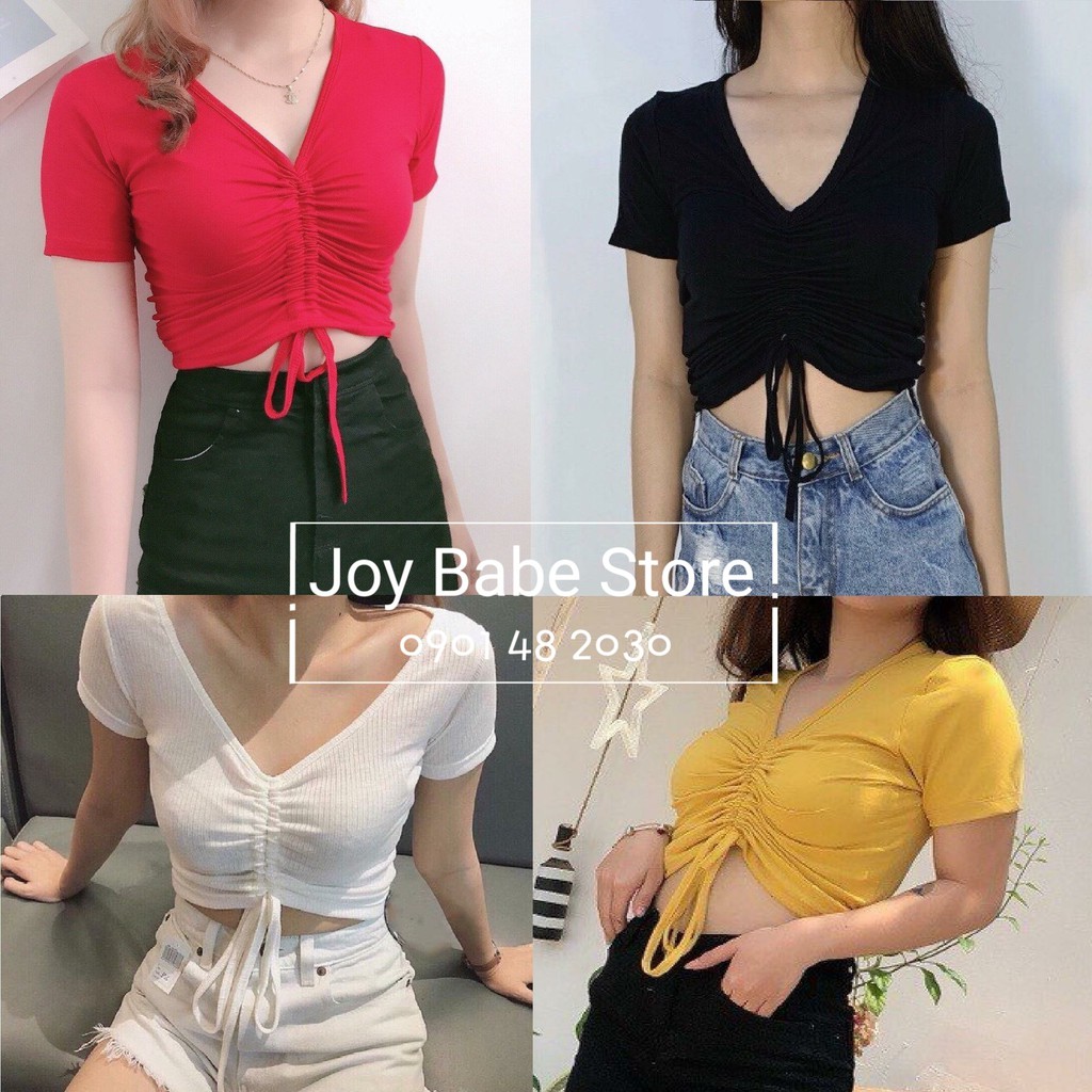 [HCM][HÌNH THẬT] ÁO THUN CROPTOP ÔM BODY RÚT DÂY TRƠN BASIC 43