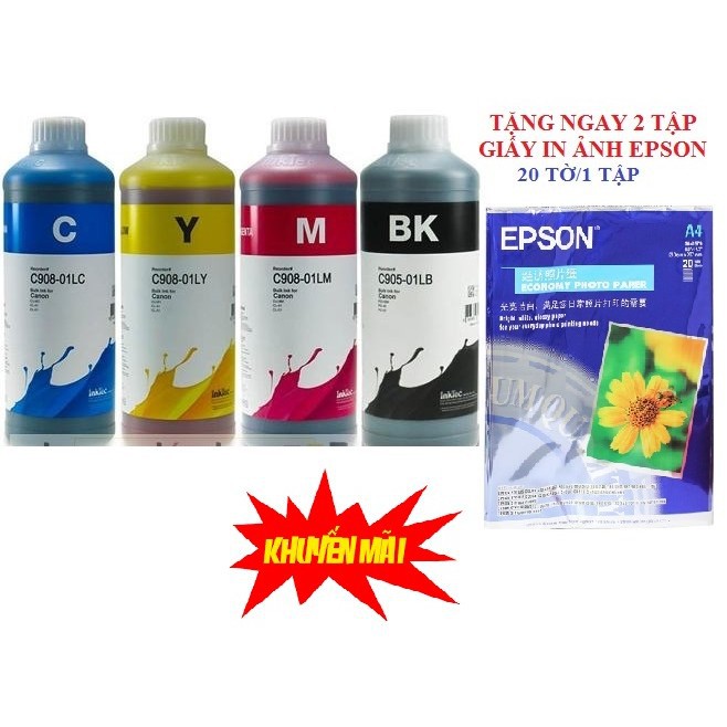Bộ 4 chai mực inktec 1 lít đổ cho máy in epson ,brother