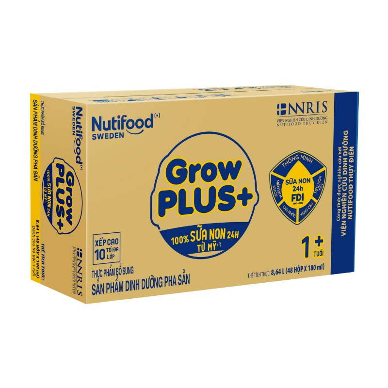 (HSD T11-2026) Thùng 48 Hộp Sữa Bột Pha Sẵn Nutifood GrowPLUS+ 1+/ 2+ Sữa Non Vàng 180ml.