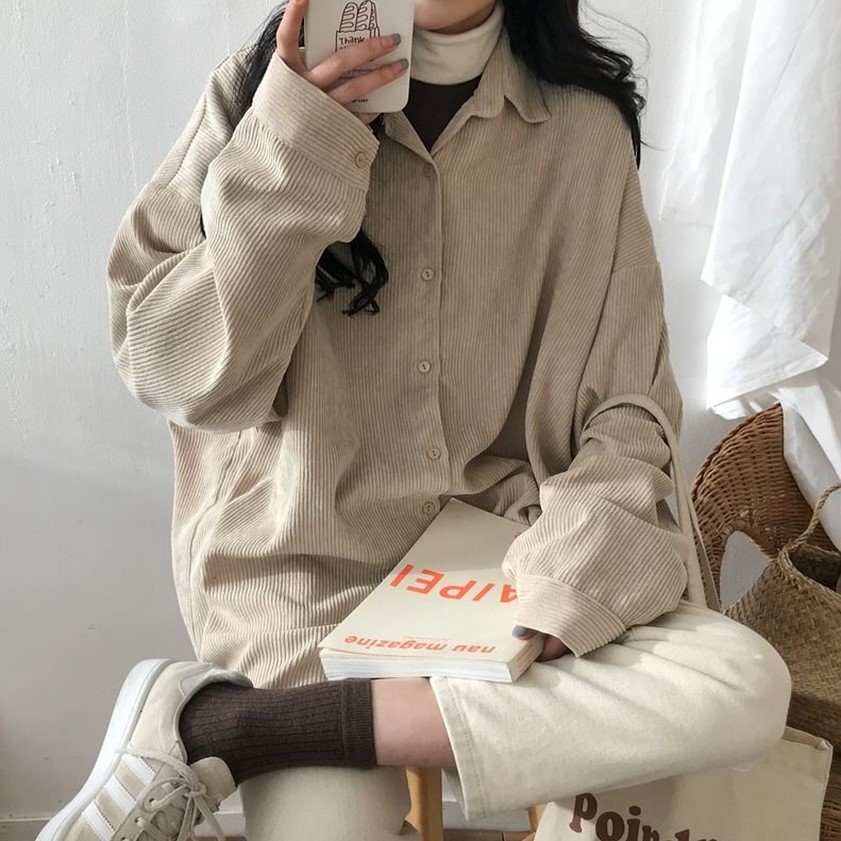LEEVA - Áo sơ mi nhung gân form rộng A043