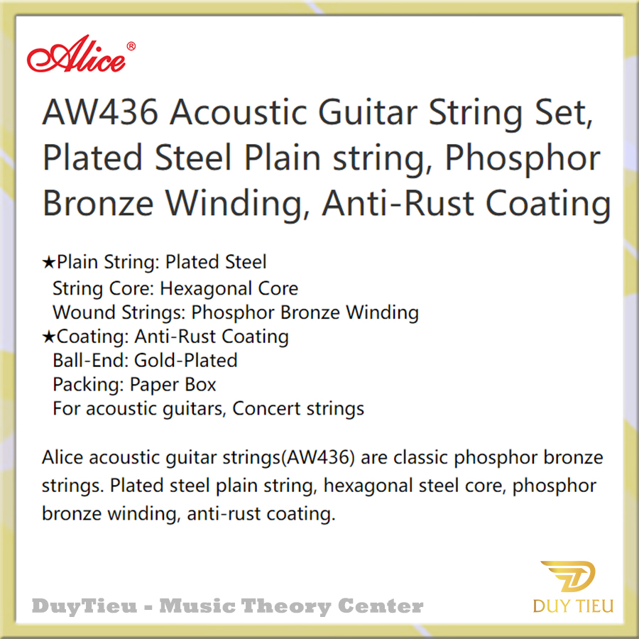 AW436 Acoustic Guitar String Set, Plated Steel Plain string, Phosphor Bronze Winding, Anti-Rust Coating - DuytieuGuitar DT017