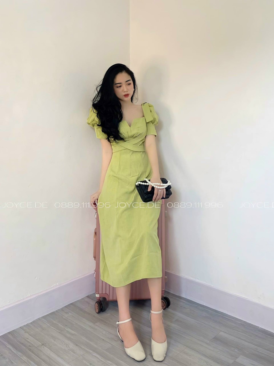 Váy đầm xòe dự tiệc màu xanh cốm có bigsize mẫu mới giá rẻ đẹp siêu hot, mẫu đầm dáng xòe cổ vuông cách điệu tay phồng xinh xắn sang trọng, Thời Trang Gugo D105