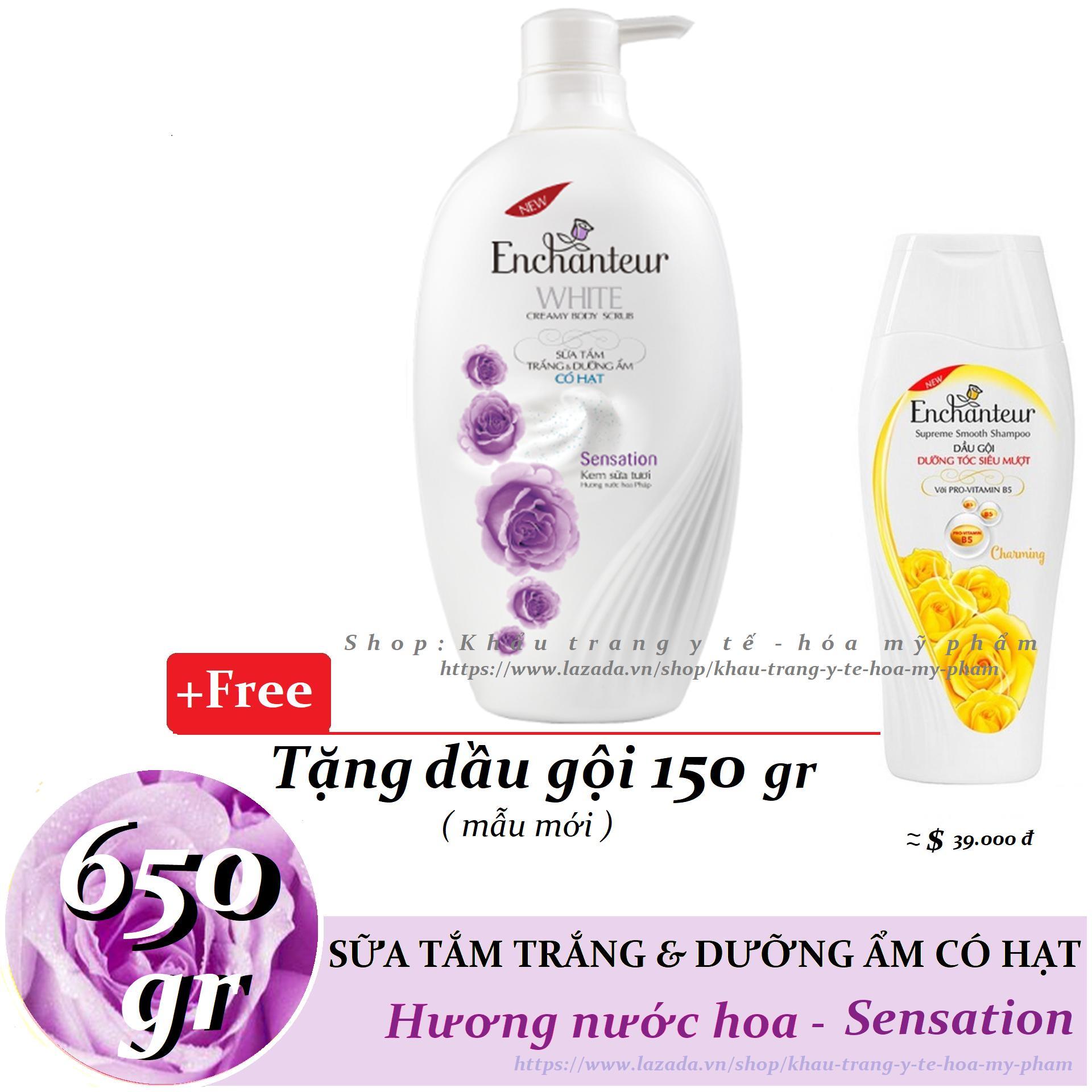 [HCM]Enchanteur - Sữa tắm Trắng và Dưỡng Ẩm CÓ HẠT Sensation 650 gr +  Tặng Dầu gội 150 gr