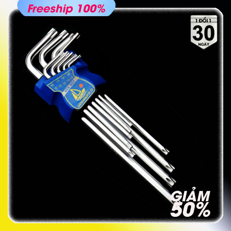 Bộ lục giác 9 cây  đầu BÔNG 2 đầu lục giác kich thước đầu sao từ T10 đến T50 chất liệu thép
