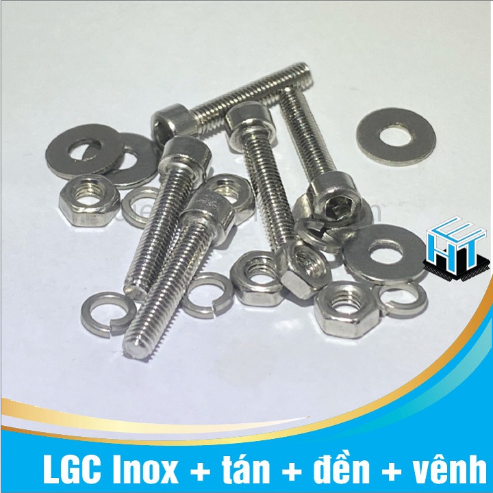 COMBO 5 con Ốc lục giác chìm Inox M4(Bulong lục giác) kèm tán, long đền, long vênh M4 nhiều kích thước( chất inox 201)