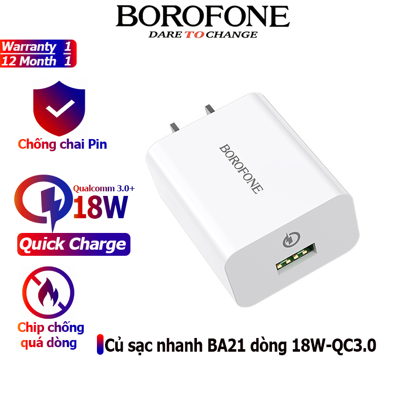 Củ sạc nhanh 18W - QC3.0 BOROFONE BA21 cổng USB, cóc sạc full cho iPhone