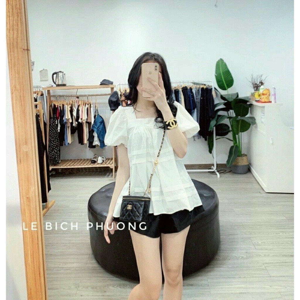 Áo bầu dáng suông chất đũi mềm mát kiểu dáng babydoll cổ vuông xinh xắn
