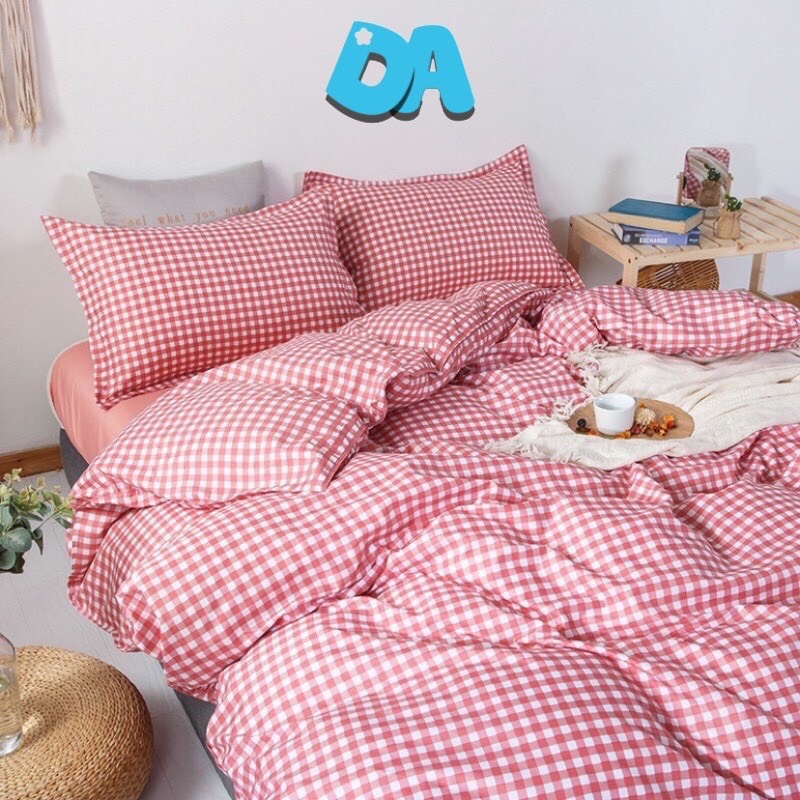 Chăn ga gối Cotton poly - Mẫu Caro hồng.