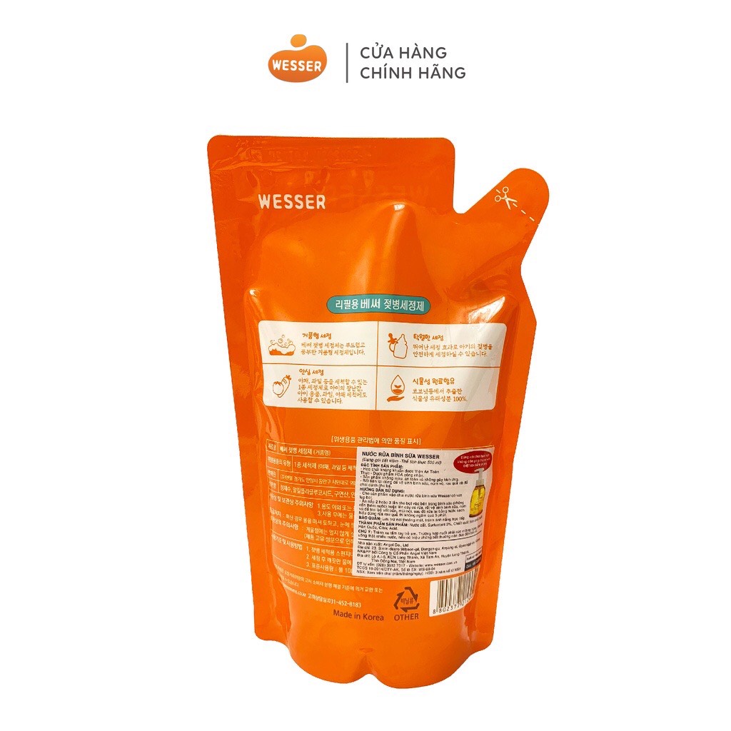 Nước Súc rữa bình sữa núm vú cho bé Wesser Hàn Quốc Túi 500ml