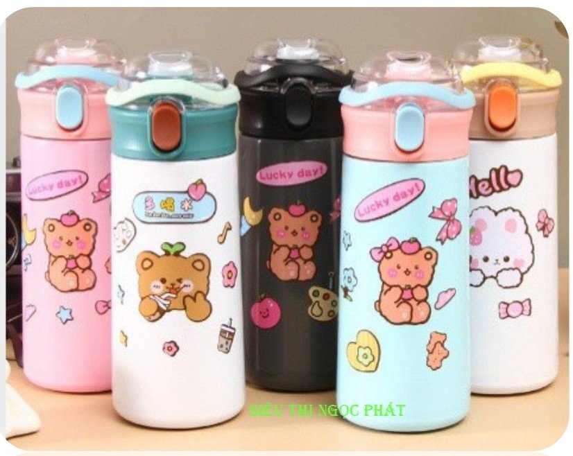 Bình Giữ Nhiệt Gấu HLX_500ML + Ống Hút + Ticker