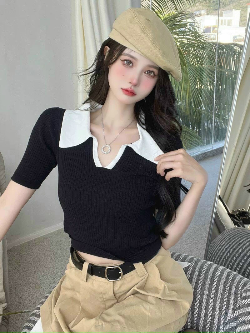 ÁO THUN GÂN LEN CỔ BẺ VIỀN NHẤN XINH