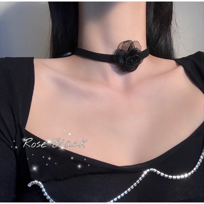 Vòng cổ choker hoa hồng đen voan