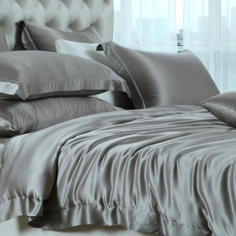 Bộ 5 món chăn trần bông ga gối phi lụa màu xám ghi cao cấp mềm mại lan pham bedding