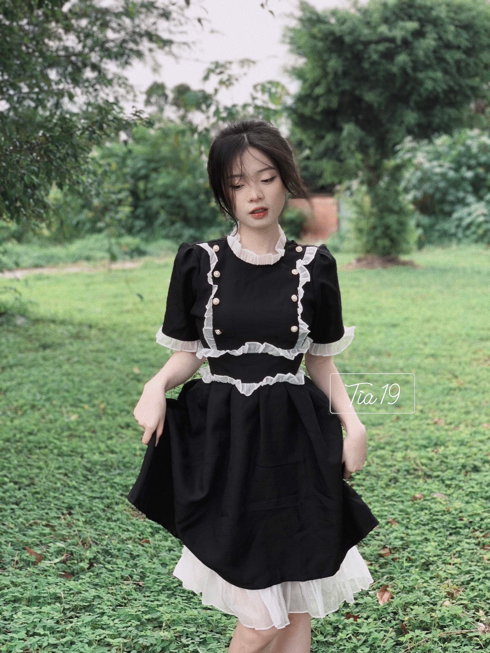Váy dạ khuy pha voan Tia19. Đầm dạ cộc tay