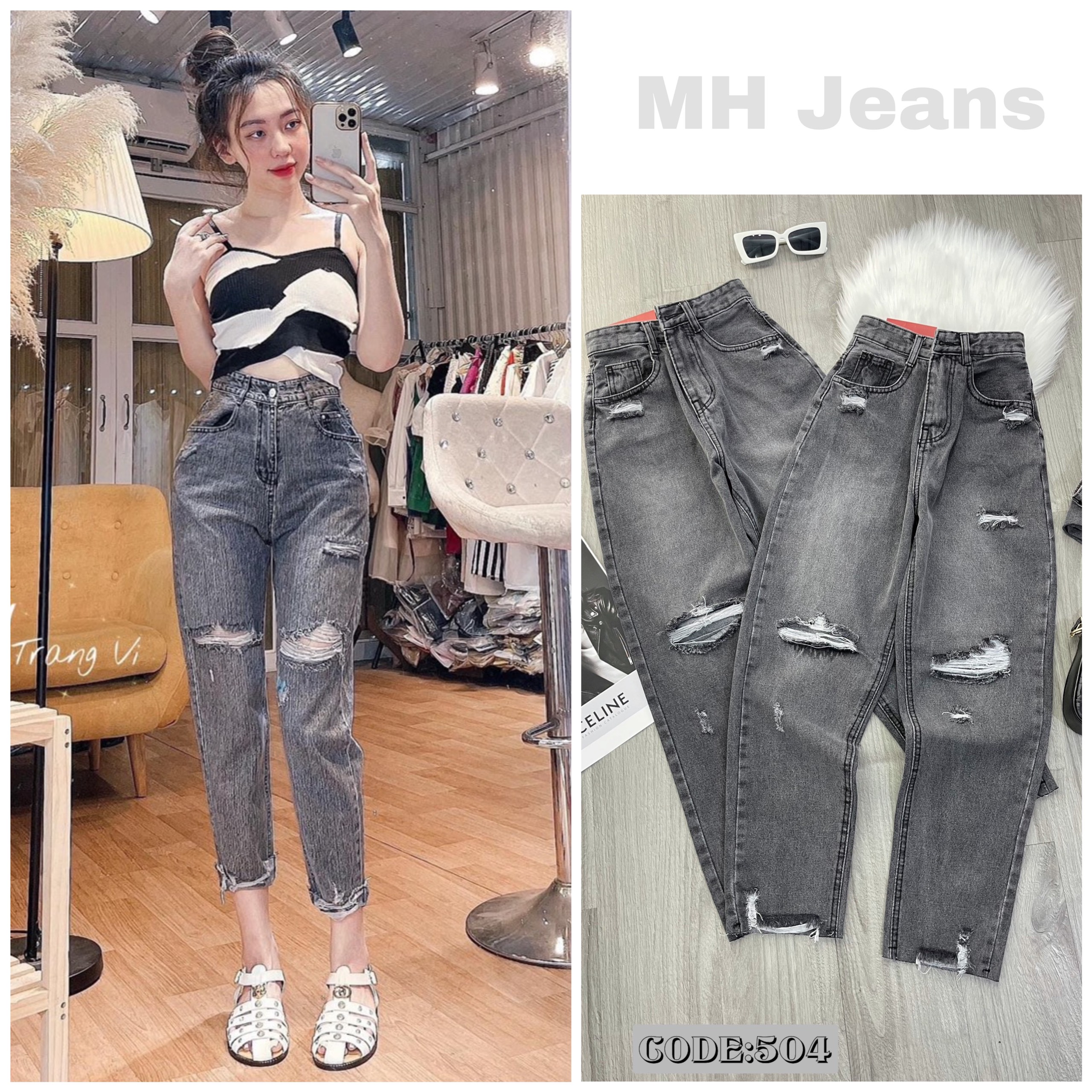 Quần jean baggy rách xước ngang lai cắt lưng cao màu xanh/xám chất dày mịn- TAMI JEANS SIÊU HOT HIT