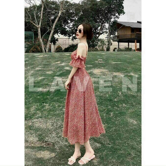 Đầm hoa nhí tiểu thư vintage, đầm maxi hoa 2 dây rớt vai tay búp dáng dài, đầm hoa trễ vai 2 dây xòe đi biển, sống ảo cực xinh