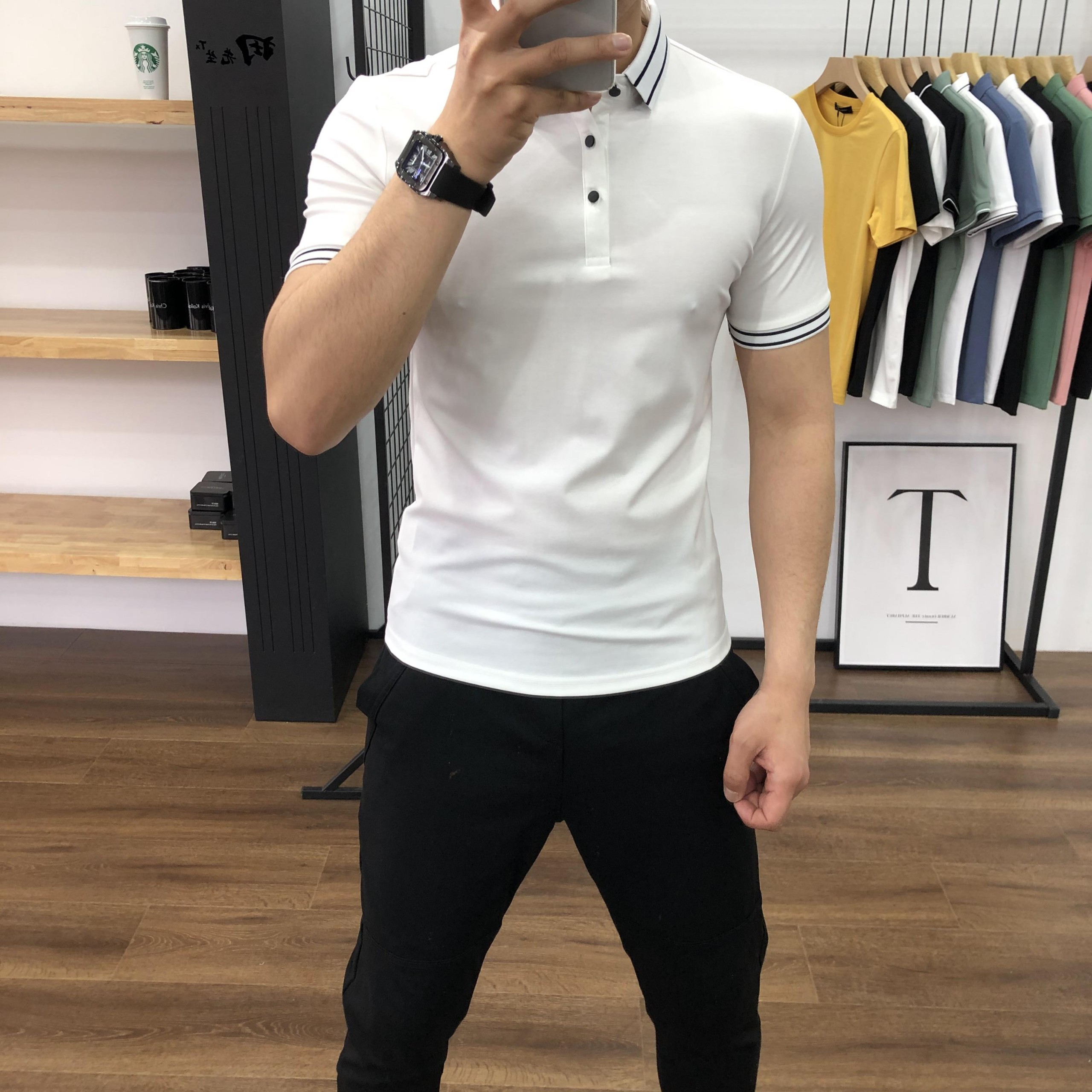 Áo thun ngắn tay có cổ nam chất cá sấu dày mát phối viền trơn màu trắng và đen, kiểu dáng Hàn Quốc siêu đẹp, áo polo nam full size (45-78kg) Kingshopps A42