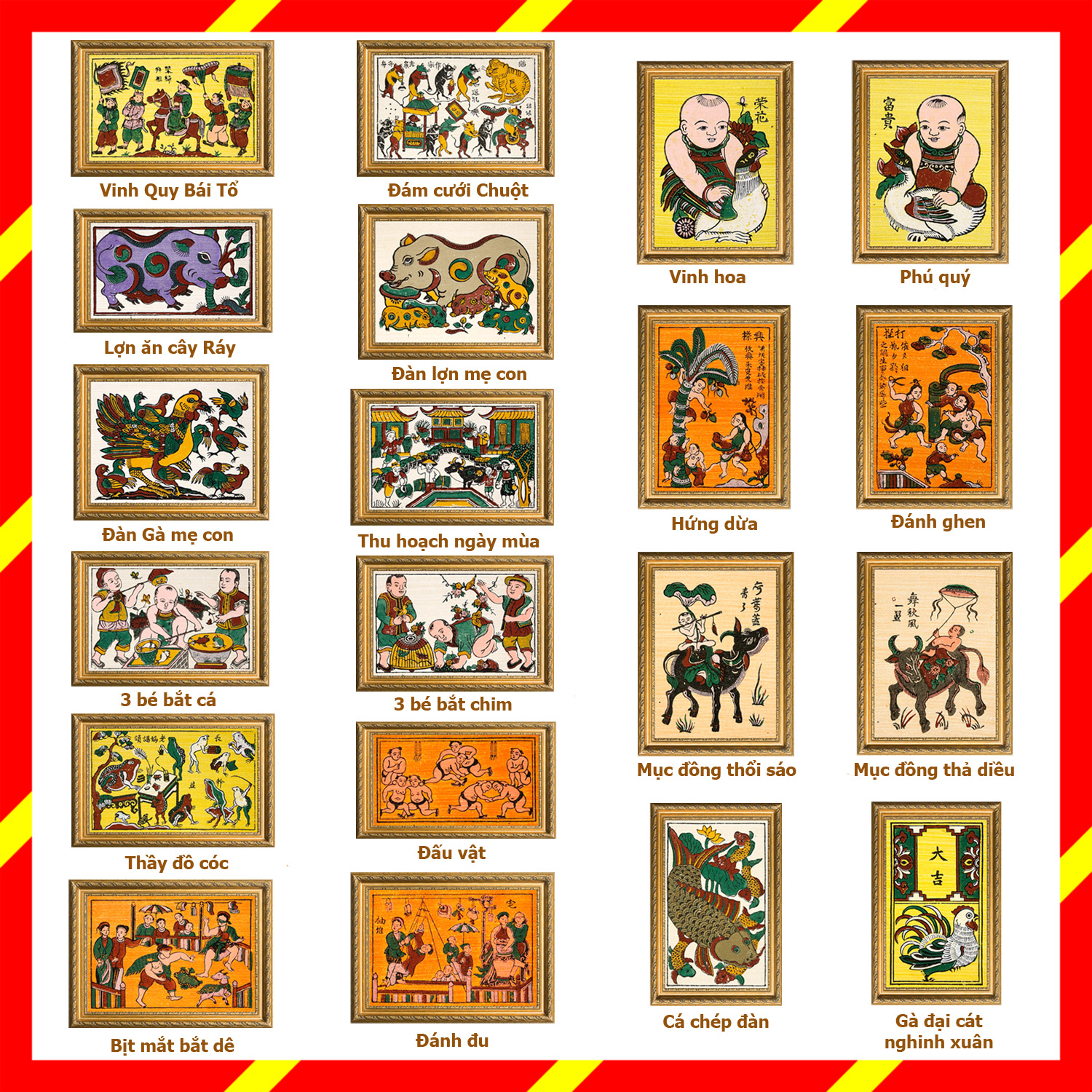 Bộ gồm 20 bức tranh dân gian Đông Hồ tiêu biểu (26x37cm) - Tranh dân gian Đông Hồ- di sản văn hóa dân tộc Việt Nam - Tranh Đông Hồ chính gốc Bắc Ninh để chơi tết hoặc làm quà biếu ý nghĩa - Dong Ho folk paintings - Viet Nam national cultural heritage